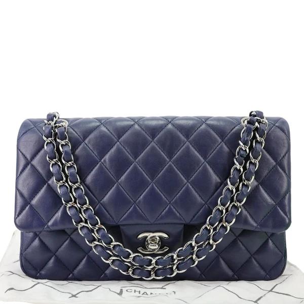 CHANEL Jumbo Classic Double Flap Quilted Lambskin Leather Shoulder Bag Navy Blue