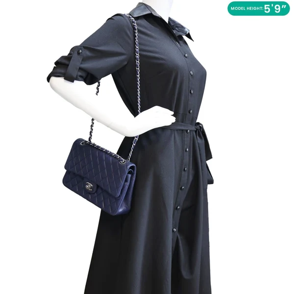CHANEL Jumbo Classic Double Flap Quilted Lambskin Leather Shoulder Bag Navy Blue
