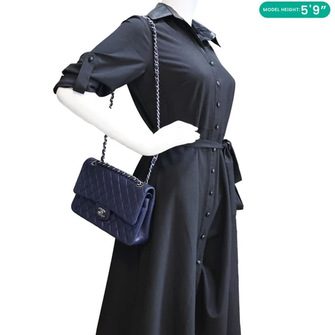 CHANEL Jumbo Classic Double Flap Quilted Lambskin Leather Shoulder Bag Navy Blue