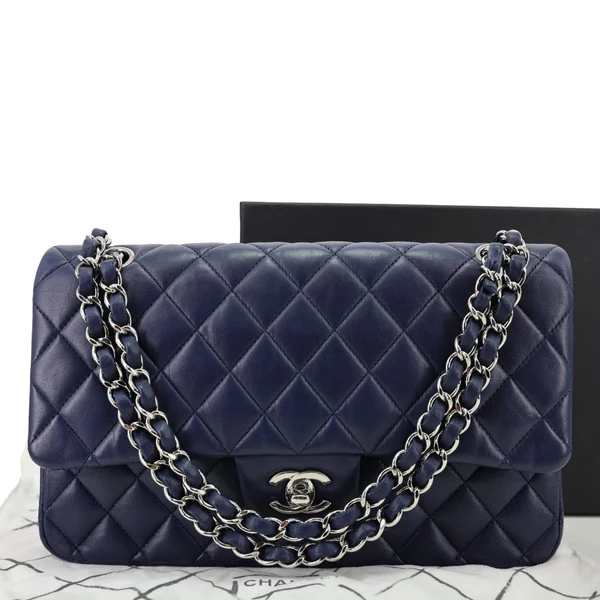 CHANEL Jumbo Classic Double Flap Quilted Lambskin Leather Shoulder Bag Navy Blue
