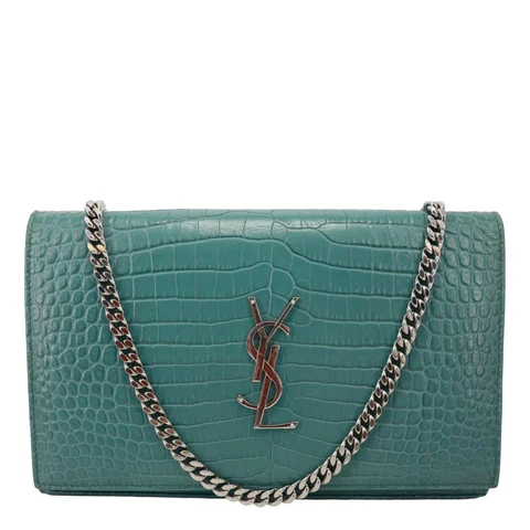 YVES SAINT LAURENT Kate Crocodile Embossed Leather Crossbody Bag Green