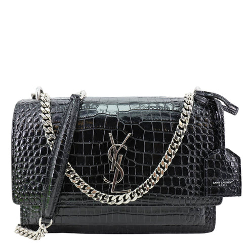 YVES SAINT LAURENT Sunset Monogram Crocodile Embossed Leather Crossbody Bag Black