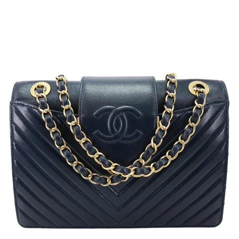 CHANEL Collar and Tie Flap Mini Chevron Sheepskin Leather Crossbody Bag Navy Blue