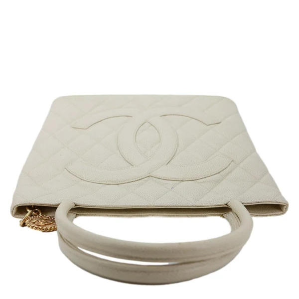 CHANEL Medallion Quilted Caviar Leather Tote Bag White