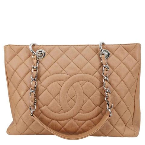 CHANEL Grand Shopping Quilted Caviar Leather Tote Bag Nude