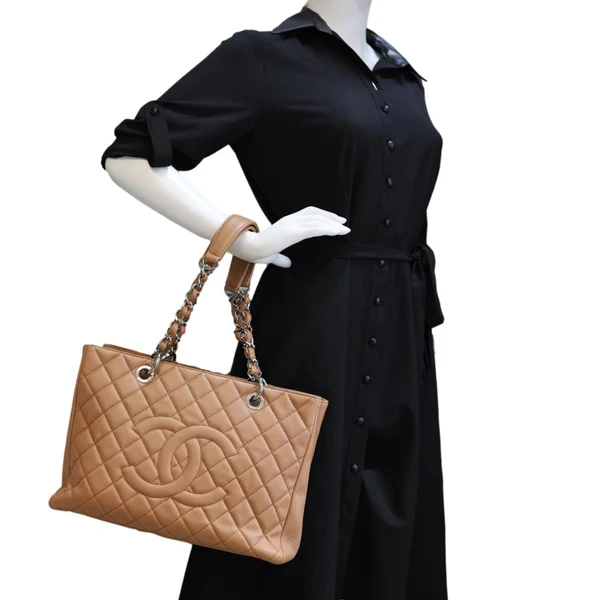 CHANEL Grand Shopping Quilted Caviar Leather Tote Bag Nude