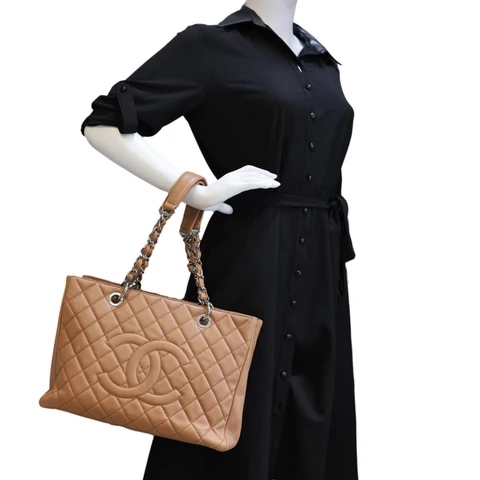 CHANEL Grand Shopping Quilted Caviar Leather Tote Bag Nude