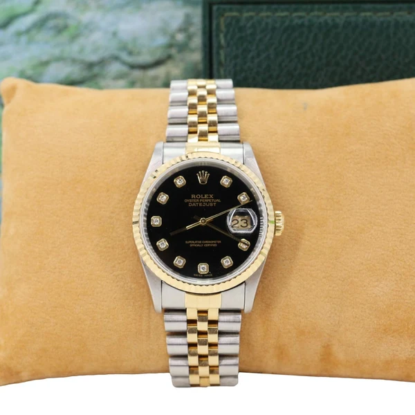 Rolex Datejust 36mm 18k Gold Steel Fluted Bezel Black Diamond Dial Watch 16233