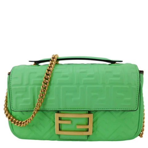 FENDI Baguette FF Embossed Nappa Leather Chain Shoulder Bag Green