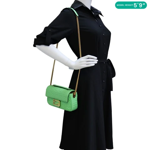FENDI Baguette FF Embossed Nappa Leather Chain Shoulder Bag Green