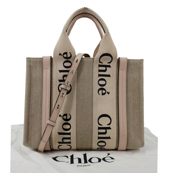 CHLOE Woody Small Linen Canvas Tote Bag Off White