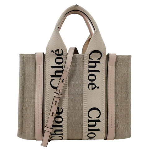 CHLOE Woody Small Linen Canvas Tote Bag Off White