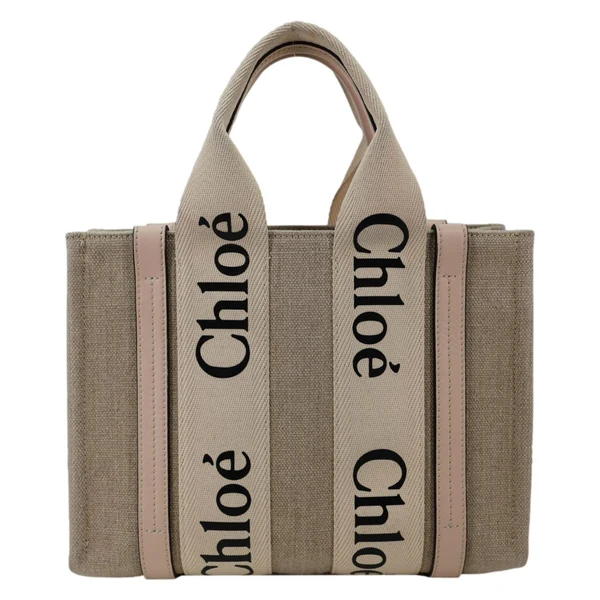CHLOE Woody Small Linen Canvas Tote Bag Off White