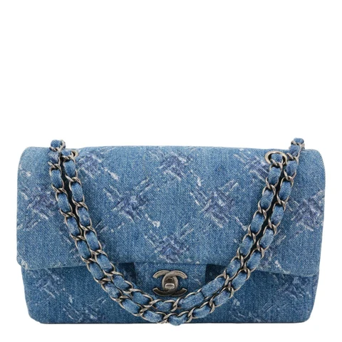 CHANEL Double Flap Medium Denim Bleached Chain Shoulder Bag Blue
