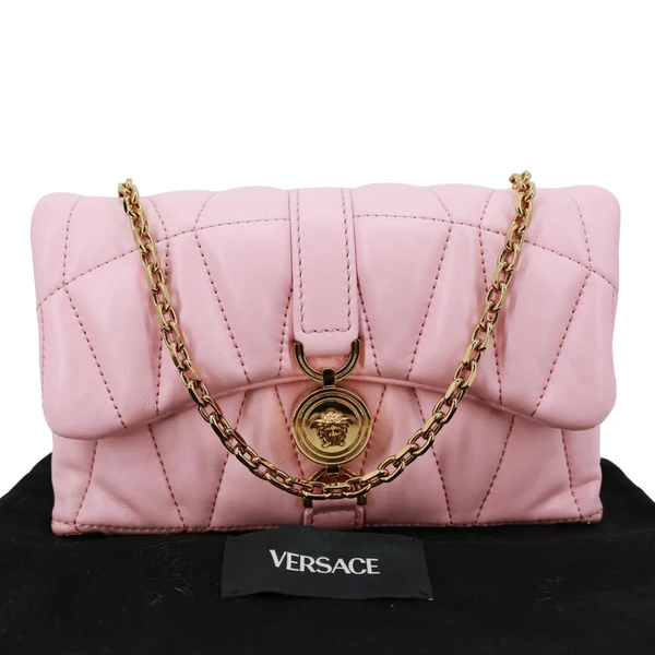 VERSACE Kleio Quilted Lambskin Leather Shoulder Bag Pink