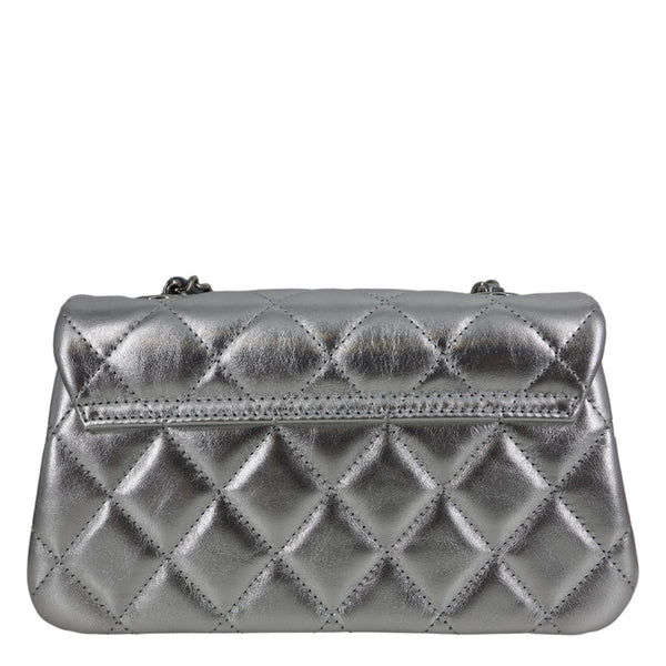 CHANEL Metallic O Phone Holder Quilted Lambskin Leather Chain Bag Silver