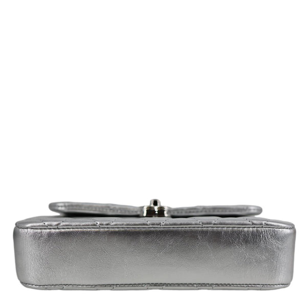 CHANEL Metallic O Phone Holder Quilted Lambskin Leather Chain Bag Silver