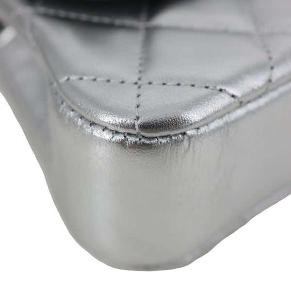 CHANEL Metallic O Phone Holder Quilted Lambskin Leather Chain Bag Silver