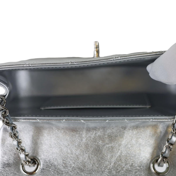 CHANEL Metallic O Phone Holder Quilted Lambskin Leather Chain Bag Silver