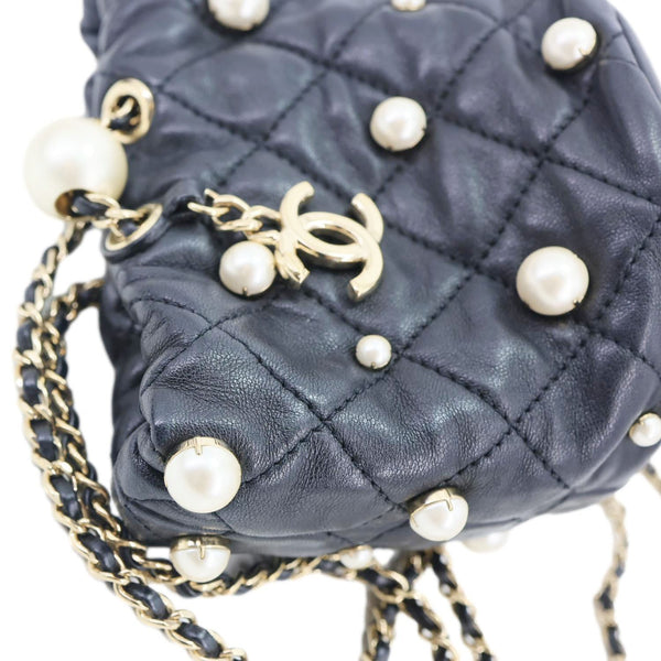Chanel About Pearls Mini Quilted Lambskin Leather Drawstring Bucket Crossbody Bag Black