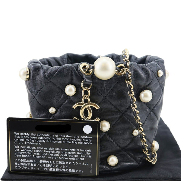 Chanel About Pearls Mini Quilted Lambskin Leather Drawstring Bucket Crossbody Bag Black