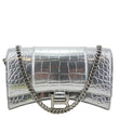 BALENCIAGA Hourglass Calfskin Crocodile Embossed Leather Chain Crossbody Bag Silver