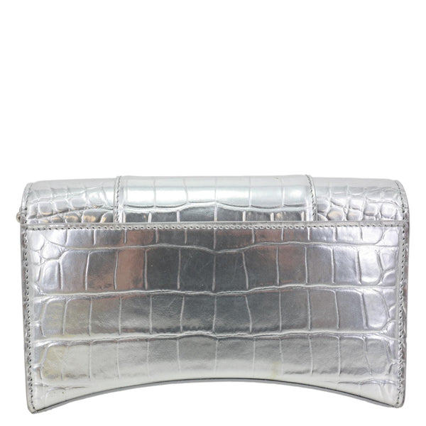 BALENCIAGA Hourglass Calfskin Crocodile Embossed Leather Chain Crossbody Bag Silver