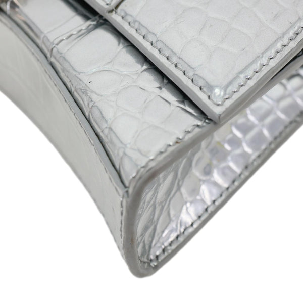 BALENCIAGA Hourglass Calfskin Crocodile Embossed Leather Chain Crossbody Bag Silver