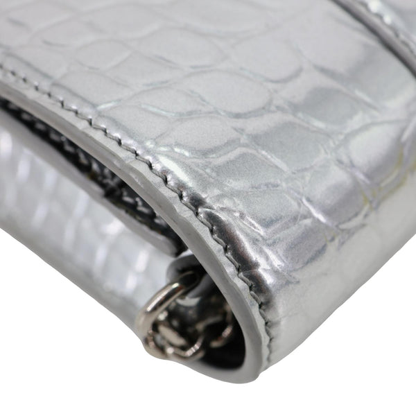 BALENCIAGA Hourglass Calfskin Crocodile Embossed Leather Chain Crossbody Bag Silver