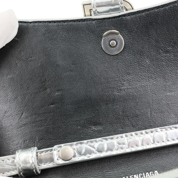 BALENCIAGA Hourglass Calfskin Crocodile Embossed Leather Chain Crossbody Bag Silver