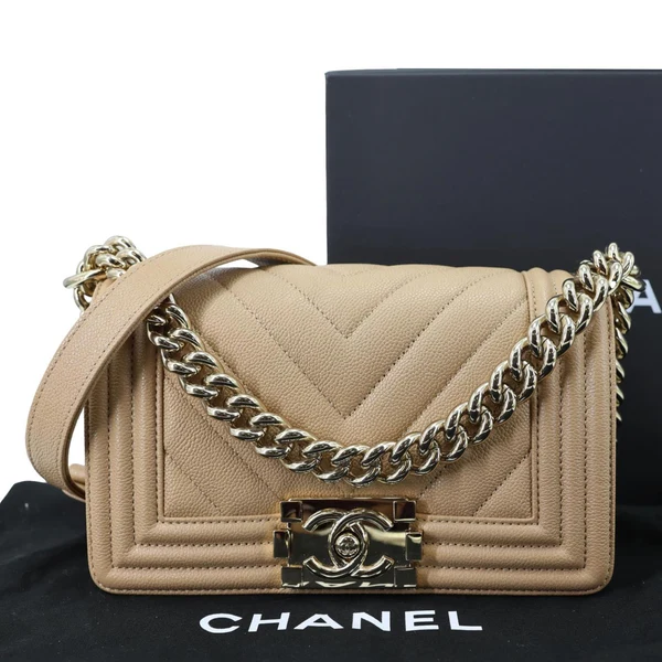 CHANEL Boy Flap Small Chevron Leather Shoulder Bag Beige