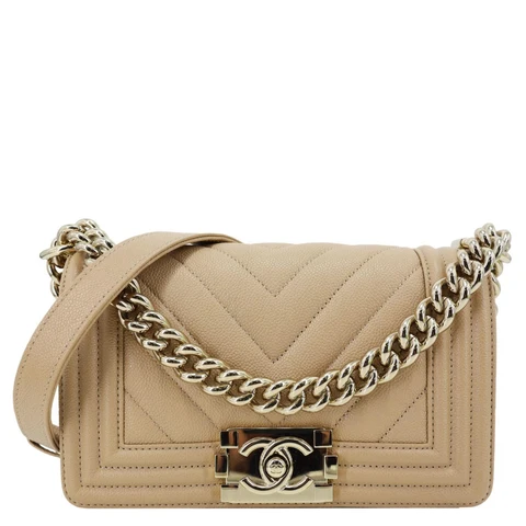 CHANEL Boy Flap Small Chevron Leather Shoulder Bag Beige