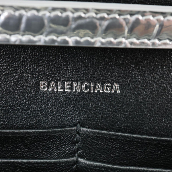 BALENCIAGA Hourglass Calfskin Crocodile Embossed Leather Chain Crossbody Bag Silver