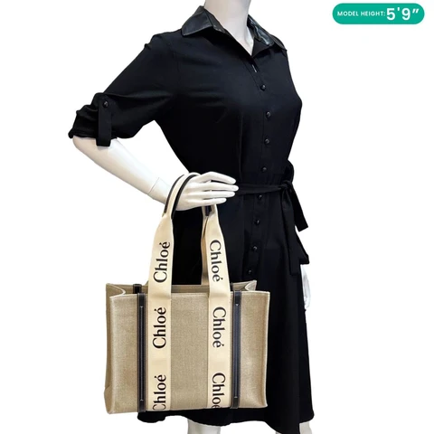 CHLOE Woody Medium Linen Canvas Tote Bag Cream