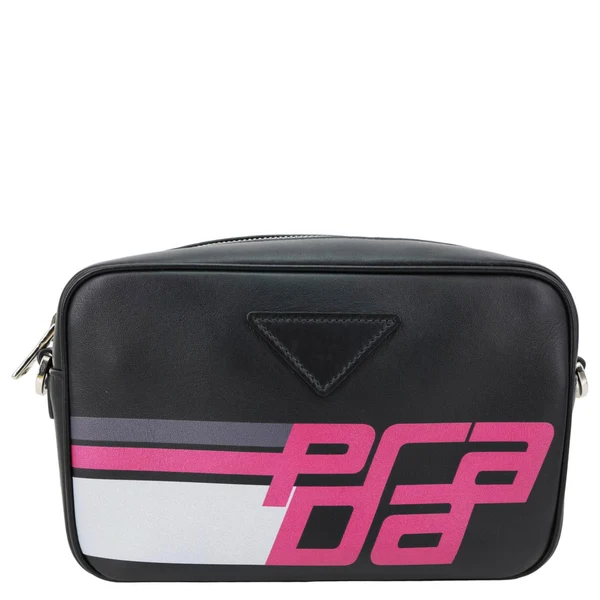 PRADA City Racing Logo Bandoliera Calf Leather Crossbody Bag Black