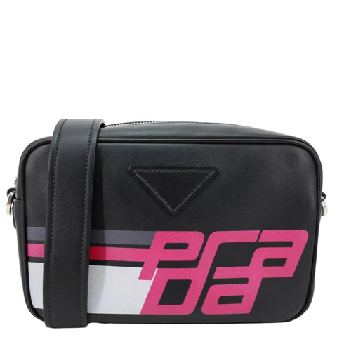 PRADA City Racing Logo Bandoliera Calf Leather Crossbody Bag Black