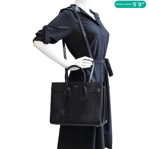 YVES SAINT LAURENT Sac De Jour Croc Embossed Leather Tote Bag Black
