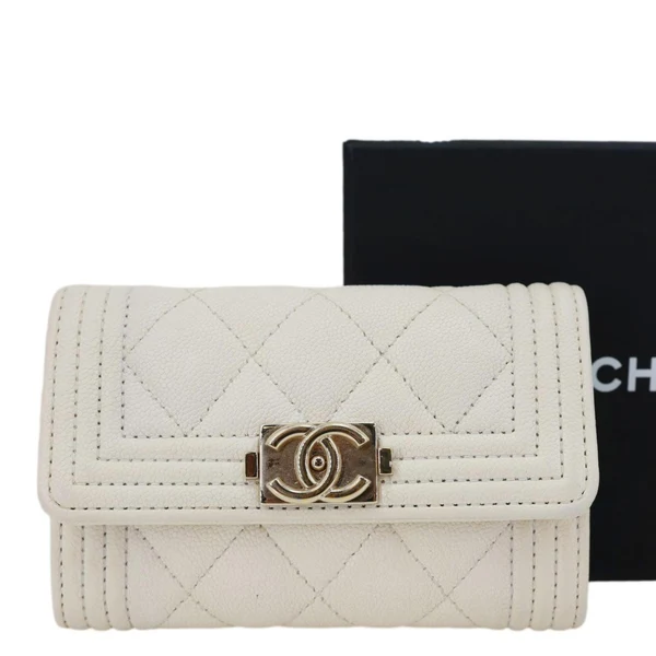 CHANEL Boy Quilted Caviar Leather Card Holder Off White