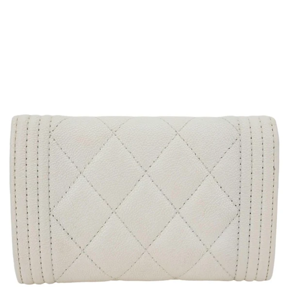 CHANEL Boy Quilted Caviar Leather Card Holder Off White