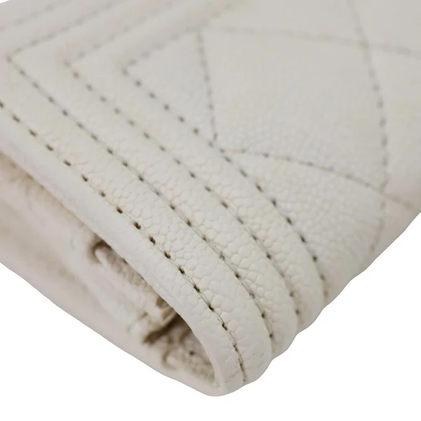 CHANEL Boy Quilted Caviar Leather Card Holder Off White
