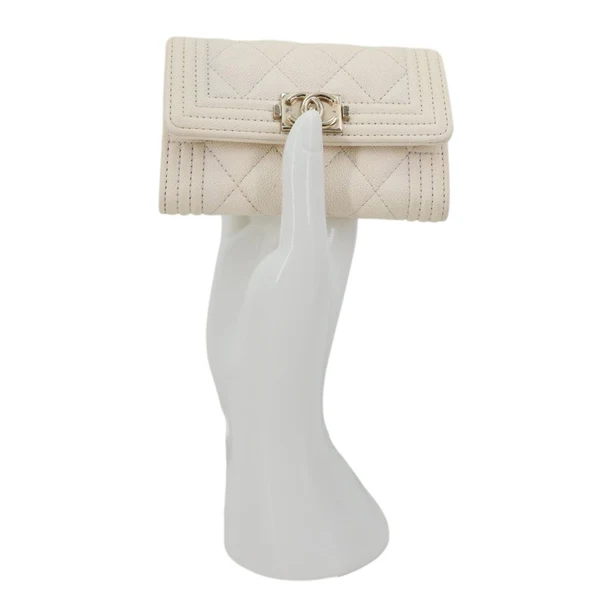 CHANEL Boy Quilted Caviar Leather Card Holder Off White