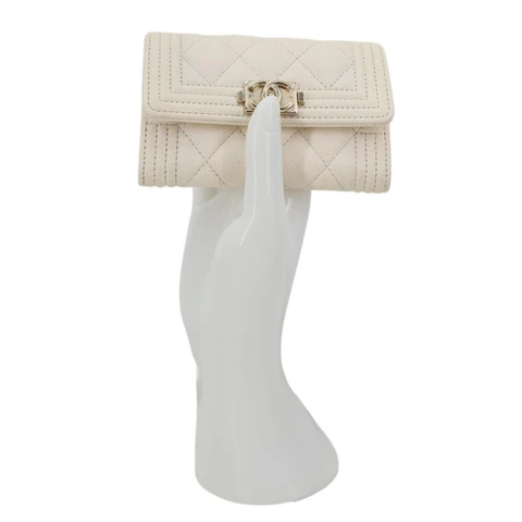 CHANEL Boy Quilted Caviar Leather Card Holder Off White