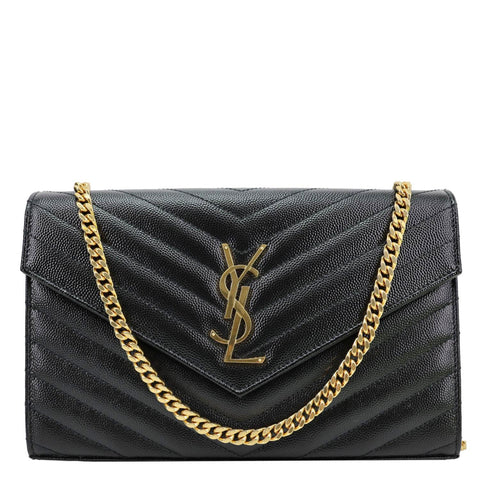 YVES SAINT LAURENT Cassandre Envelope Grain De Poudre Matelasse Leather Chain Wallet Black