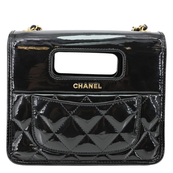 CHANEL Graphic Catch Flap Mini Quilted Patent Leather Shoulder Bag Black