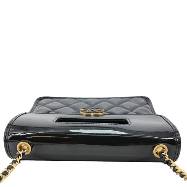 CHANEL Graphic Catch Flap Mini Quilted Patent Leather Shoulder Bag Black