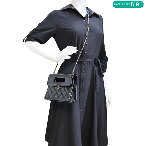 CHANEL Graphic Catch Flap Mini Quilted Patent Leather Shoulder Bag Black