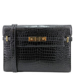 YVES SAINT LAURENT Manhattan Baguette Crocodile Embossed Leather Shoulder Bag Black