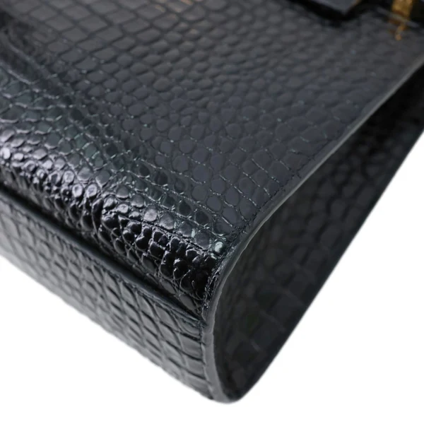 YVES SAINT LAURENT Manhattan Baguette Crocodile Embossed Leather Shoulder Bag Black