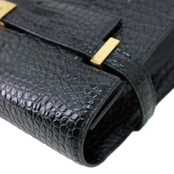 YVES SAINT LAURENT Manhattan Baguette Crocodile Embossed Leather Shoulder Bag Black