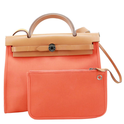 HERMES Herbag Zip 31 PM Vache Hunter Toile Canvas Shoulder Bag Orange